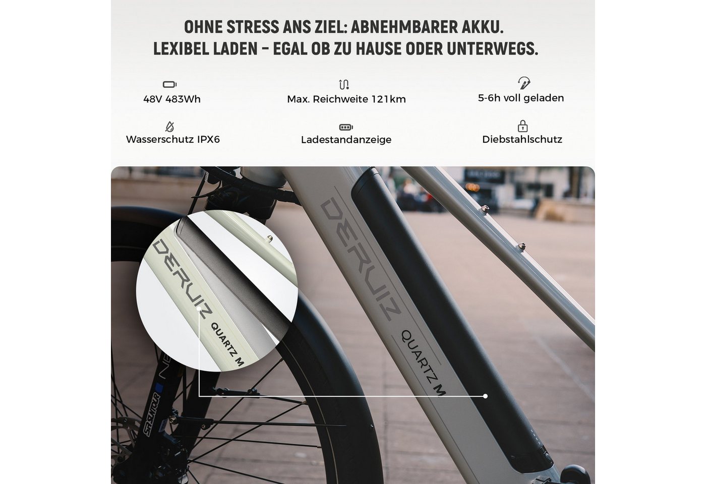 DERUIZ E-Bike Cityrad Quartz M 250W 55 Nm Drehmomentsensor, bis 25 km/h,121 km, 8 Gang Shimano Altus Schaltwerk, Heckmotor, 483 Wh Bild 4