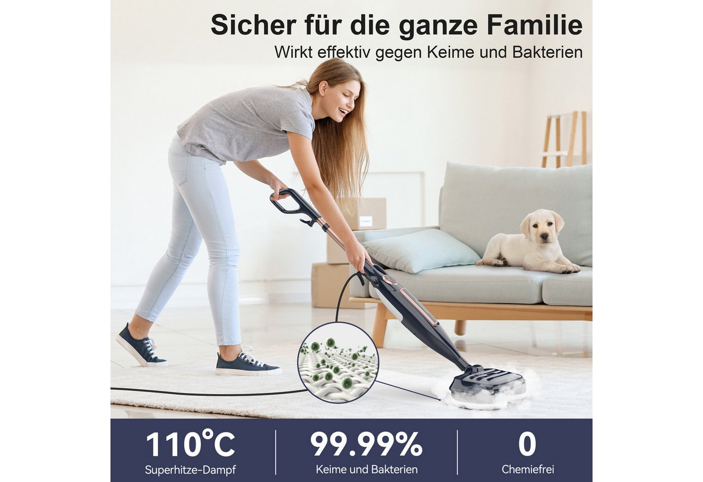 INSE Dampfbesen VM6 DE, 1300W, beutellos, 3 Dampfmodi, LED-Display, 15S, 5m Kabel, 1300 W, beutellos, 8-in-1 rotierenden Pads,Freistehfunktion,für verschiedene Bodenarten Bild 2