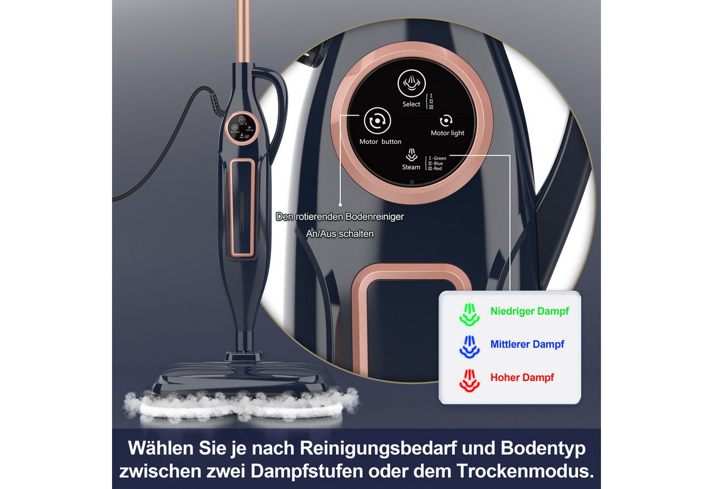INSE Dampfbesen VM6 DE, 1300W, beutellos, 3 Dampfmodi, LED-Display, 15S, 5m Kabel, 1300 W, beutellos, 8-in-1 rotierenden Pads,Freistehfunktion,für verschiedene Bodenarten Bild 3