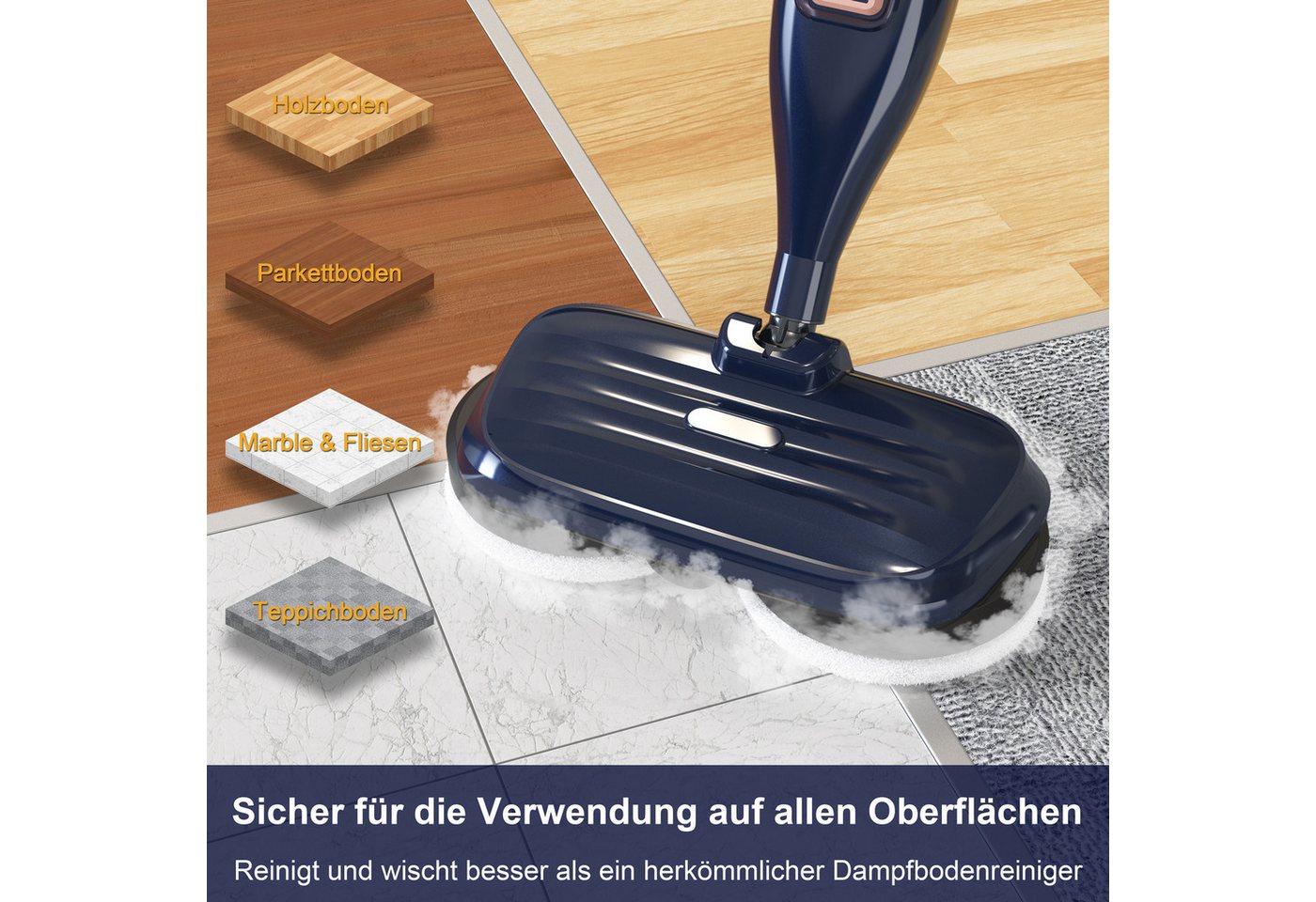 INSE Dampfbesen VM6 DE, 1300W, beutellos, 3 Dampfmodi, LED-Display, 15S, 5m Kabel, 1300 W, beutellos, 8-in-1 rotierenden Pads,Freistehfunktion,für verschiedene Bodenarten Bild 4