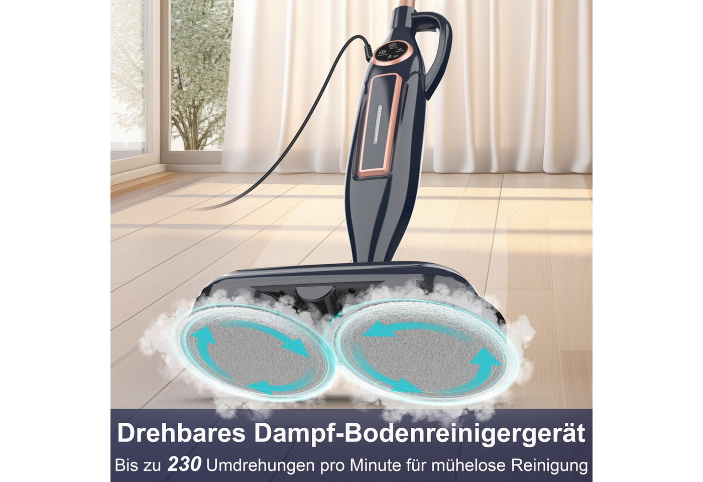 INSE Dampfbesen VM6 DE, 1300W, beutellos, 3 Dampfmodi, LED-Display, 15S, 5m Kabel, 1300 W, beutellos, 8-in-1 rotierenden Pads,Freistehfunktion,für verschiedene Bodenarten Bild 5
