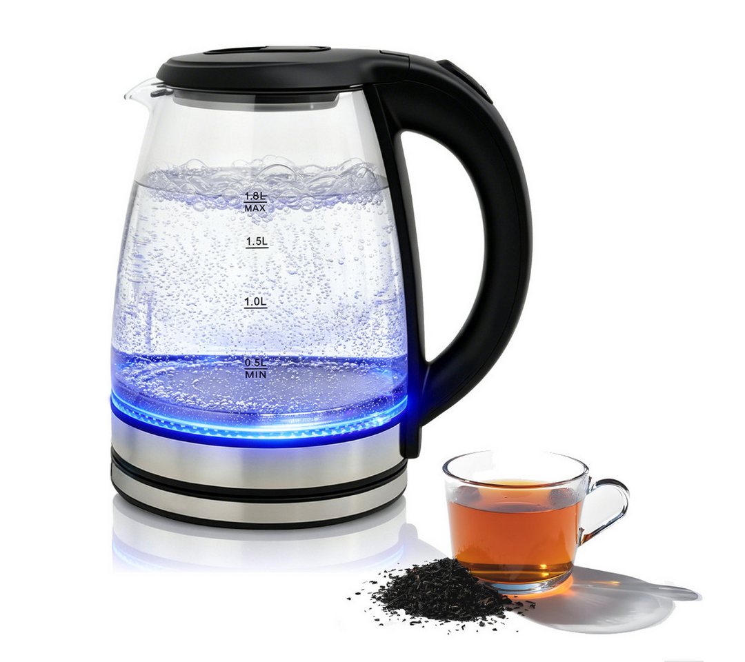 OZAVO Wasserkocher Glas 1,8L 1500Wmit LED-Beleuchtung 360° Edelstahl Sockel, 1500 W, Trockenlaufschutz & Abschaltautomatik, 100% BPA Frei