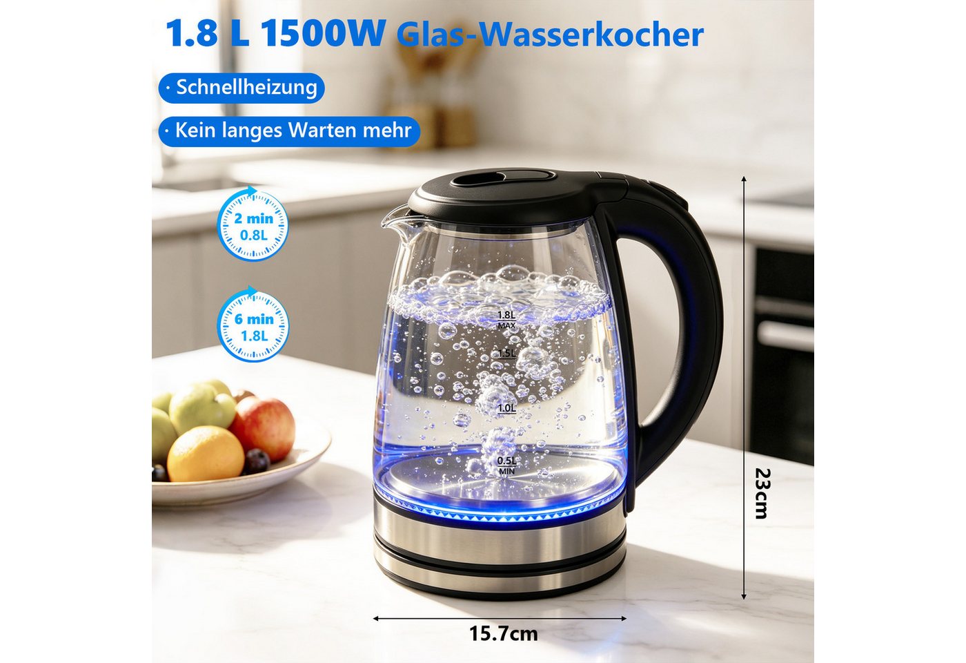 OZAVO Wasserkocher Glas 1,8L 1500Wmit LED-Beleuchtung 360° Edelstahl Sockel, 1500 W, Trockenlaufschutz & Abschaltautomatik, 100% BPA Frei Bild 2