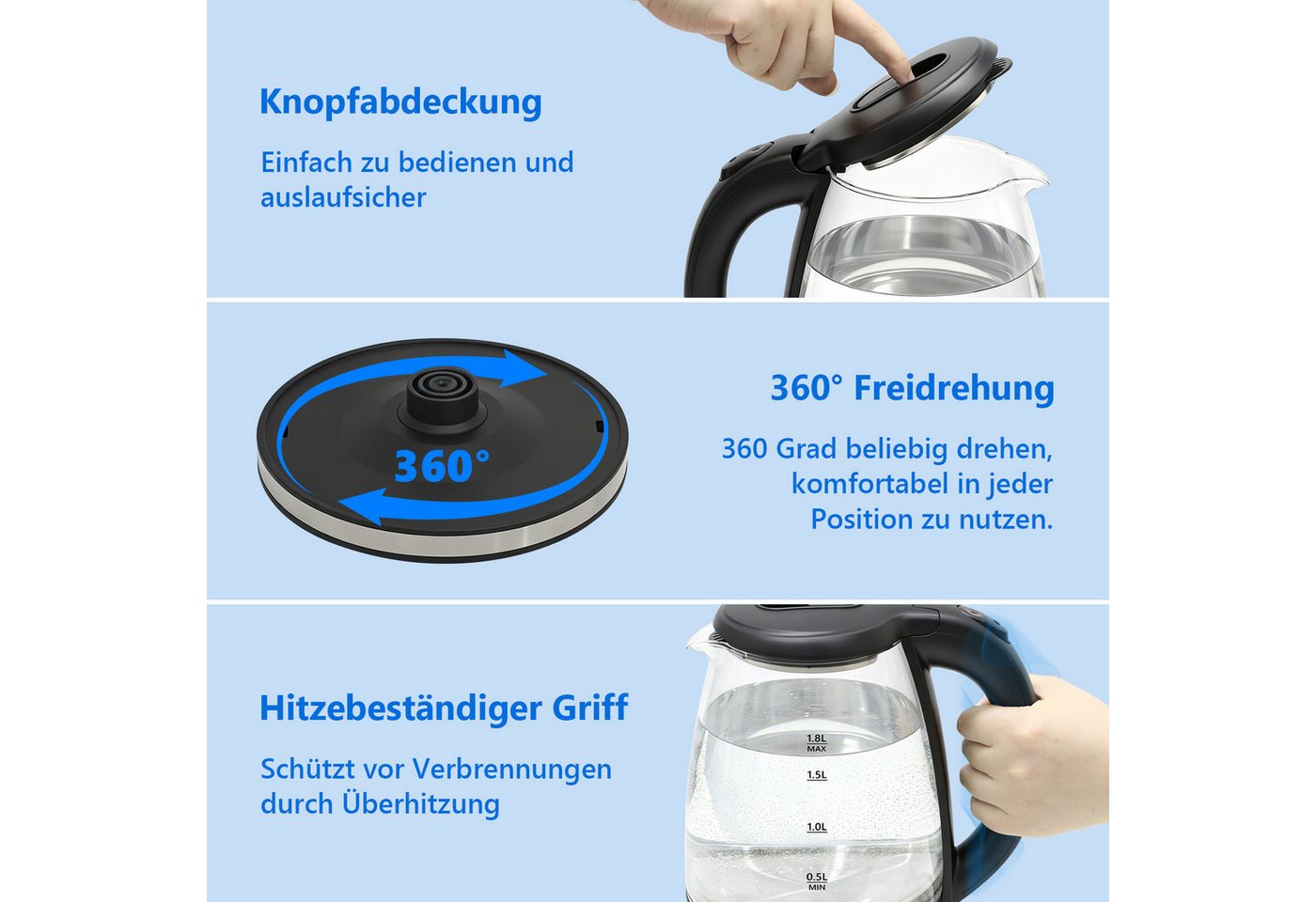 OZAVO Wasserkocher Glas 1,8L 1500Wmit LED-Beleuchtung 360° Edelstahl Sockel, 1500 W, Trockenlaufschutz & Abschaltautomatik, 100% BPA Frei Bild 3