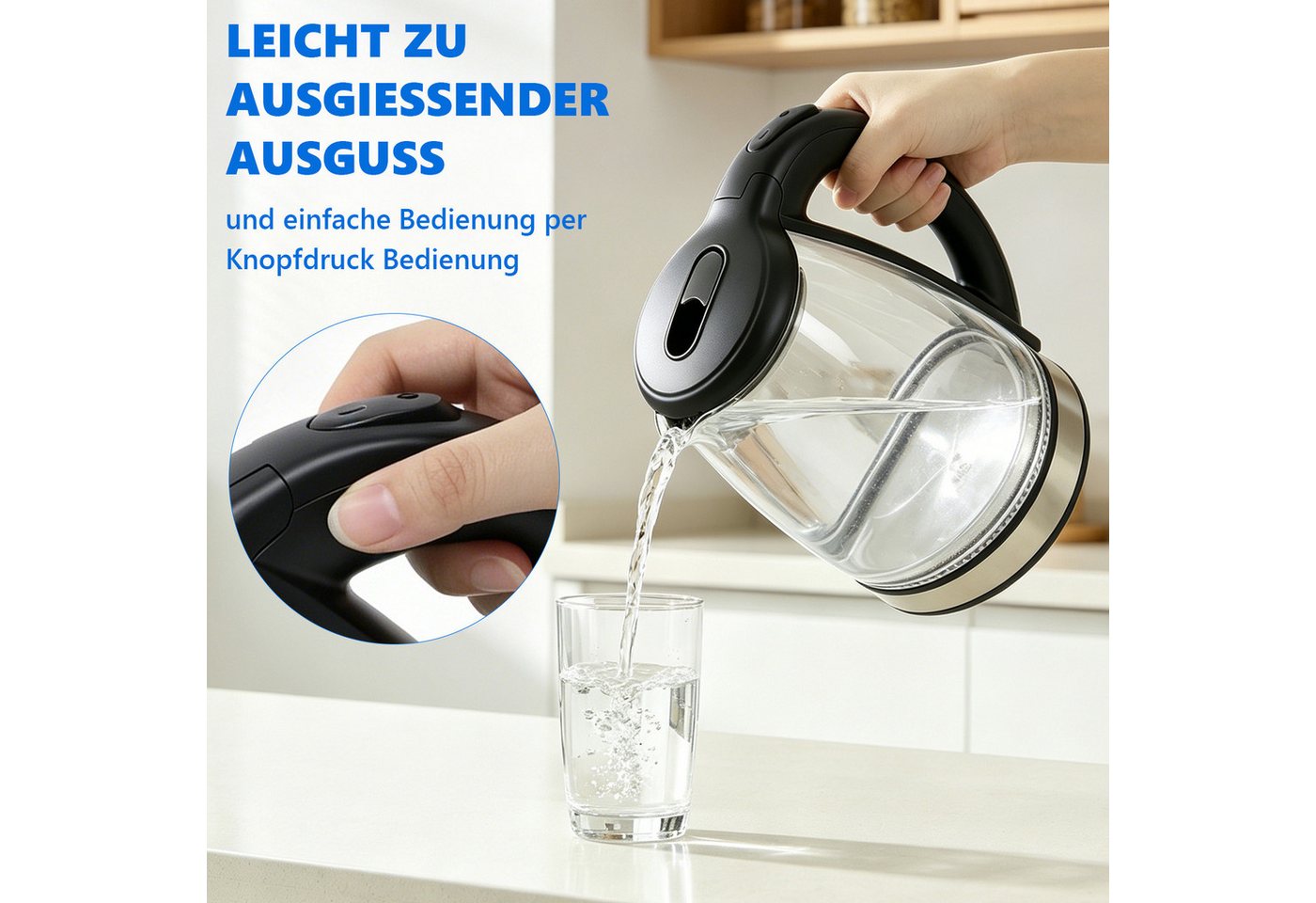 OZAVO Wasserkocher Glas 1,8L 1500Wmit LED-Beleuchtung 360° Edelstahl Sockel, 1500 W, Trockenlaufschutz & Abschaltautomatik, 100% BPA Frei Bild 4