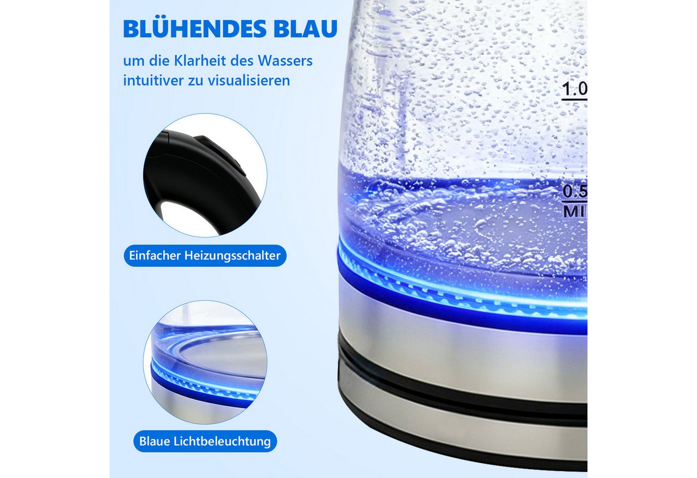 OZAVO Wasserkocher Glas 1,8L 1500Wmit LED-Beleuchtung 360° Edelstahl Sockel, 1500 W, Trockenlaufschutz & Abschaltautomatik, 100% BPA Frei Bild 5