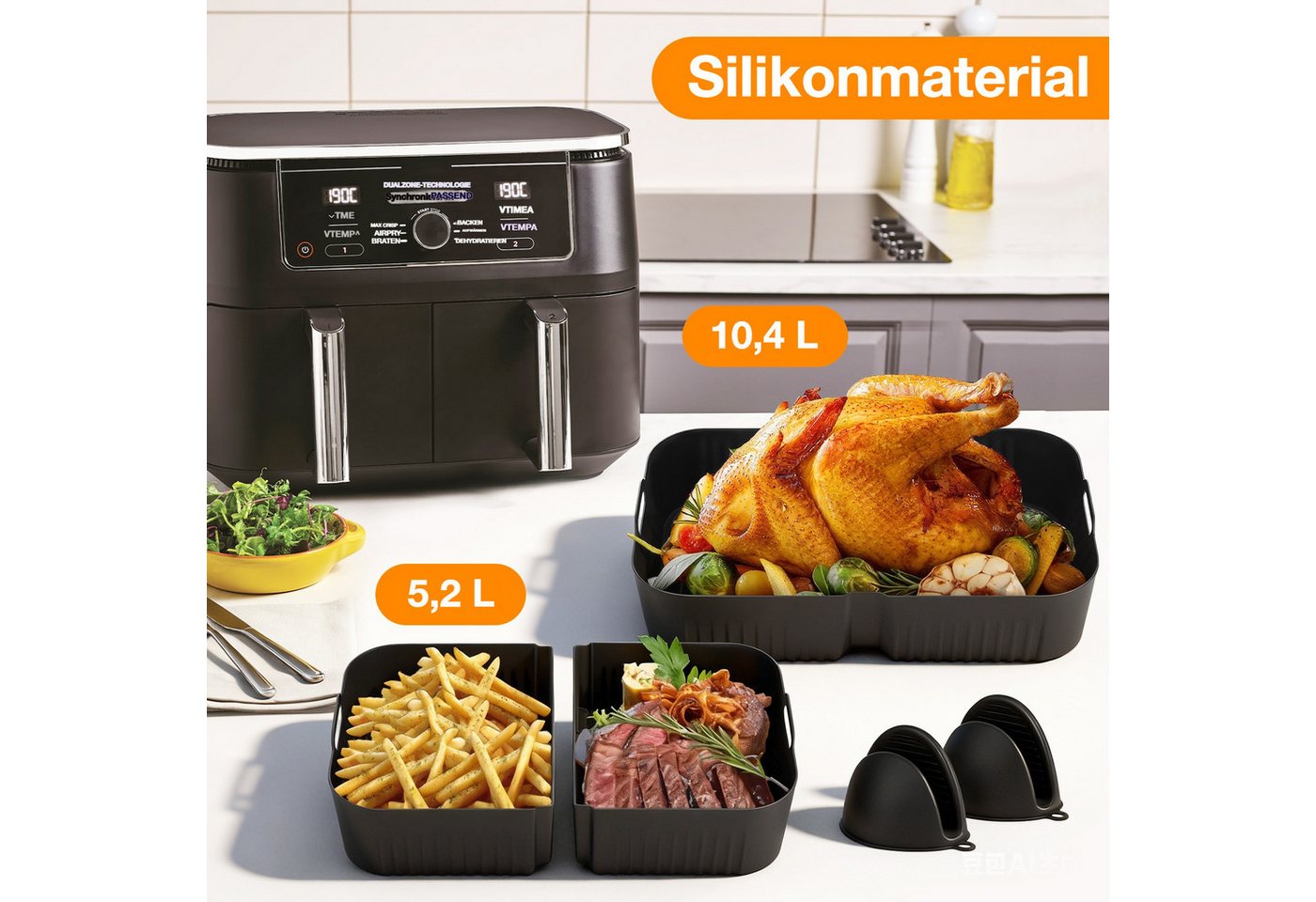 BlingBin Küchenmaschinen Zubehör-Set 16 Stück Silikon Backform Set Wiederverwendbar, Zubehör für NinjaAF400EU AF500EU, mit 2x 5L+10L Silikonform,Grillrost,Muffinförmchen,Zange,Backhandschuh Bild 2