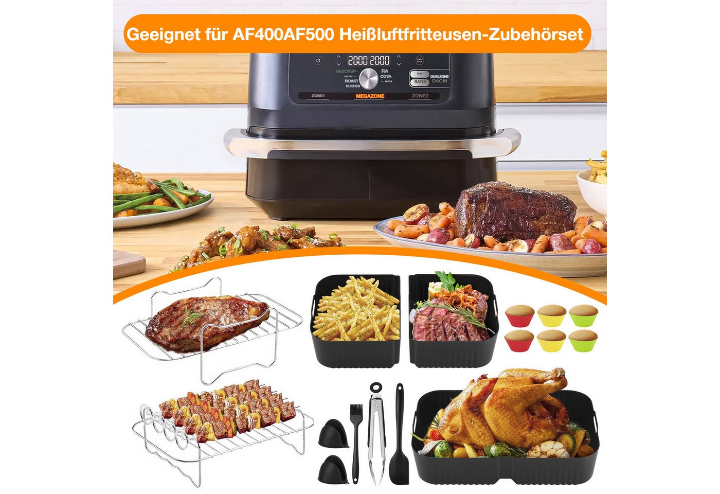BlingBin Küchenmaschinen Zubehör-Set 16 Stück Silikon Backform Set Wiederverwendbar, Zubehör für NinjaAF400EU AF500EU, mit 2x 5L+10L Silikonform,Grillrost,Muffinförmchen,Zange,Backhandschuh Bild 3