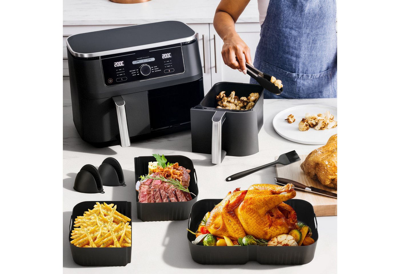 BlingBin Küchenmaschinen Zubehör-Set 16 Stück Silikon Backform Set Wiederverwendbar, Zubehör für NinjaAF400EU AF500EU, mit 2x 5L+10L Silikonform,Grillrost,Muffinförmchen,Zange,Backhandschuh Bild 4