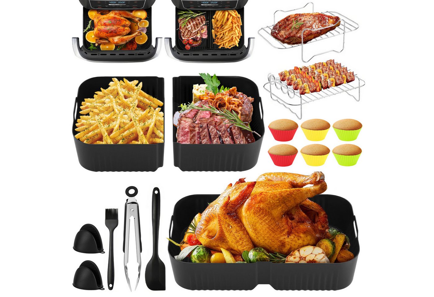 BlingBin Küchenmaschinen Zubehör-Set 16 Stück Silikon Backform Set Wiederverwendbar, Zubehör für NinjaAF400EU AF500EU, mit 2x 5L+10L Silikonform,Grillrost,Muffinförmchen,Zange,Backhandschuh Bild 5