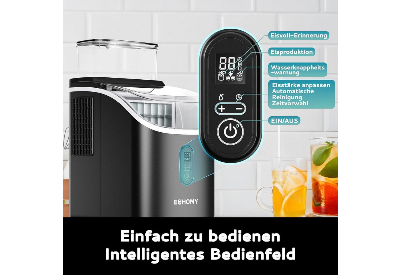 EUHOMY Eiswürfelmaschine Eiswuerfelmaschine 15 kg/24H, Quadratische Eiswürfel, 2L, Eiswuerfeldicke individuell einstellbar mit Timer und Selbstreinigung