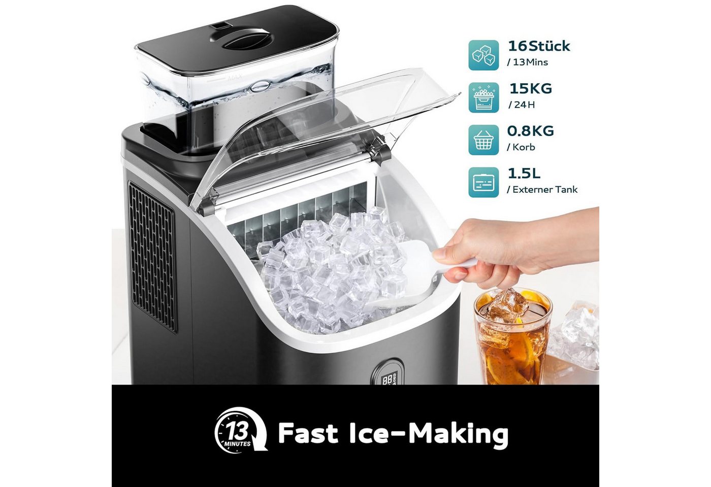 EUHOMY Eiswürfelmaschine Eiswuerfelmaschine 15 kg/24H, Quadratische Eiswürfel, 2L, Eiswuerfeldicke individuell einstellbar mit Timer und Selbstreinigung Bild 2