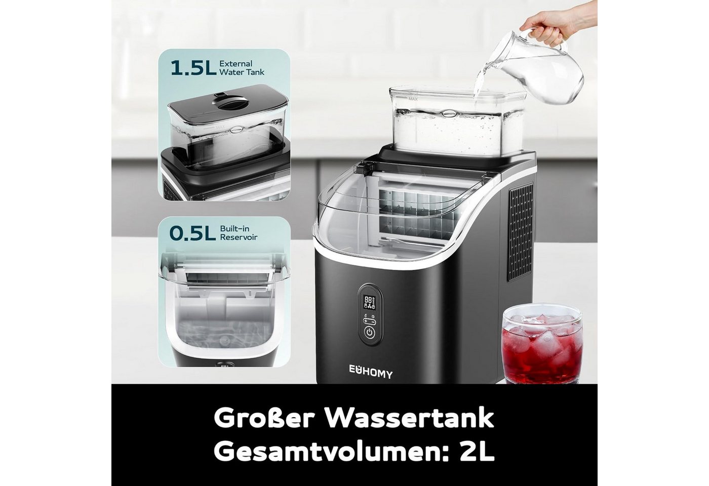 EUHOMY Eiswürfelmaschine Eiswuerfelmaschine 15 kg/24H, Quadratische Eiswürfel, 2L, Eiswuerfeldicke individuell einstellbar mit Timer und Selbstreinigung Bild 3