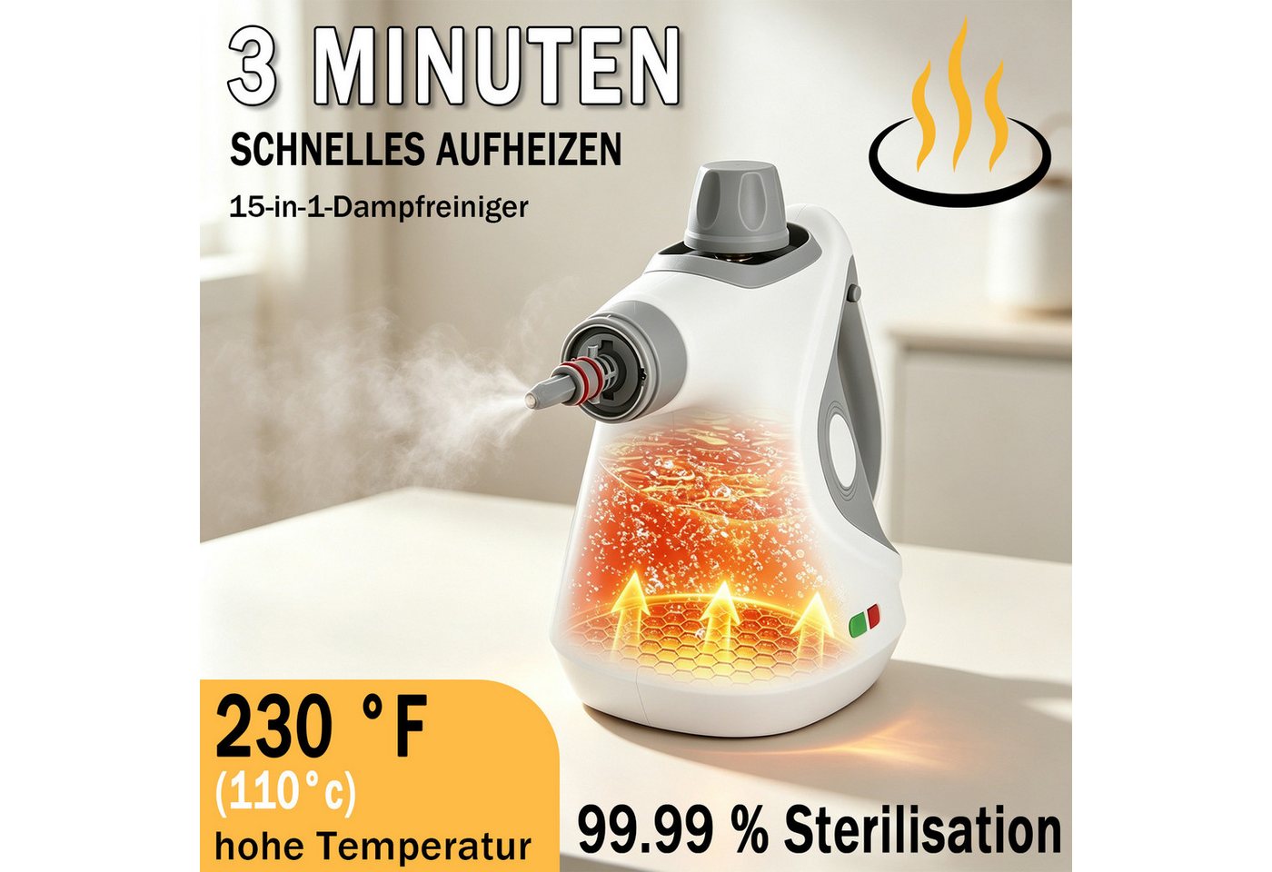 AKKEE Handdampfreiniger Dampfreiniger mit 15-Teiligem Zubehör tragbarer Küchenreiniger, 1050 W, für Zuhause für Haushalt, Küche, Bad, Fenster, Polster & Auto Bild 2