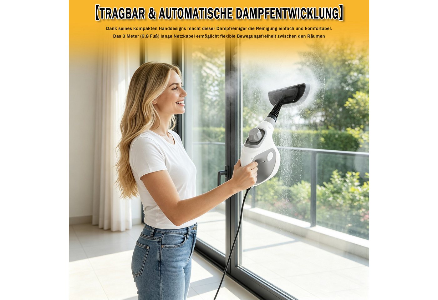 AKKEE Handdampfreiniger Dampfreiniger mit 15-Teiligem Zubehör tragbarer Küchenreiniger, 1050 W, für Zuhause für Haushalt, Küche, Bad, Fenster, Polster & Auto Bild 3