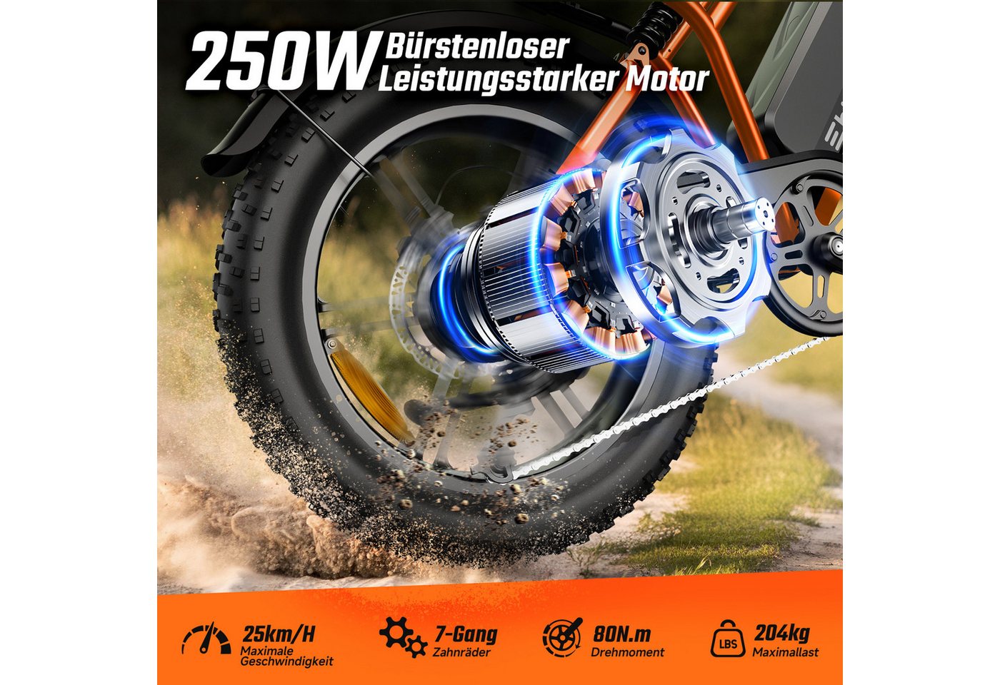 SISIGAD E-Bike Mountainbike 20'' Fat Tire 250W Motor, 48V 15Ah, herausnehmbarem Akku, fatbike, APP, Shimano, Heckmotor, 720 Wh, 7-Gang-Schaltung, 4 Fahrmodi, LCD-Display,Vollfederung,leistungsstark Bild 2
