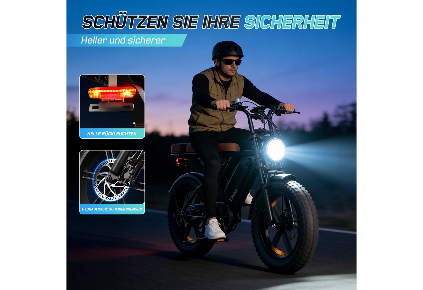 SISIGAD E-Bike Mountainbike 20'' fatbike – 48V 15Ah Akku, 60 km Reichweite und Vollfederung, Shimano, 720 Wh, Fat Tire Elektrofahrrad – 7-Gang Schaltung, hoher Tragkraft 204kg,APP