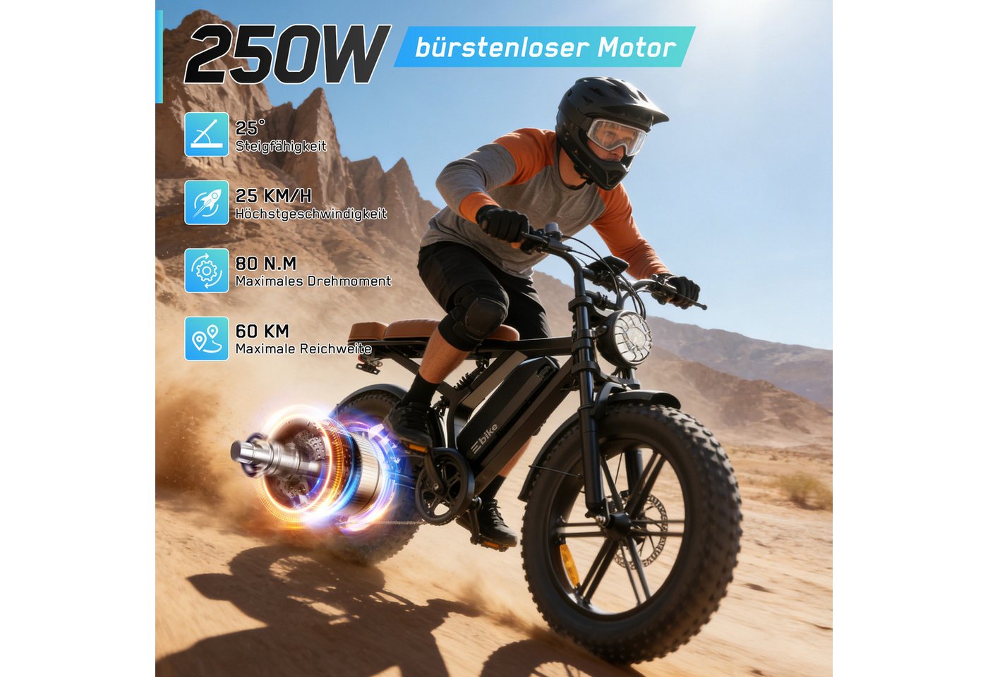 SISIGAD E-Bike Mountainbike 20'' fatbike – 48V 15Ah Akku, 60 km Reichweite und Vollfederung, Shimano, 720 Wh, Fat Tire Elektrofahrrad – 7-Gang Schaltung, hoher Tragkraft 204kg,APP Bild 4