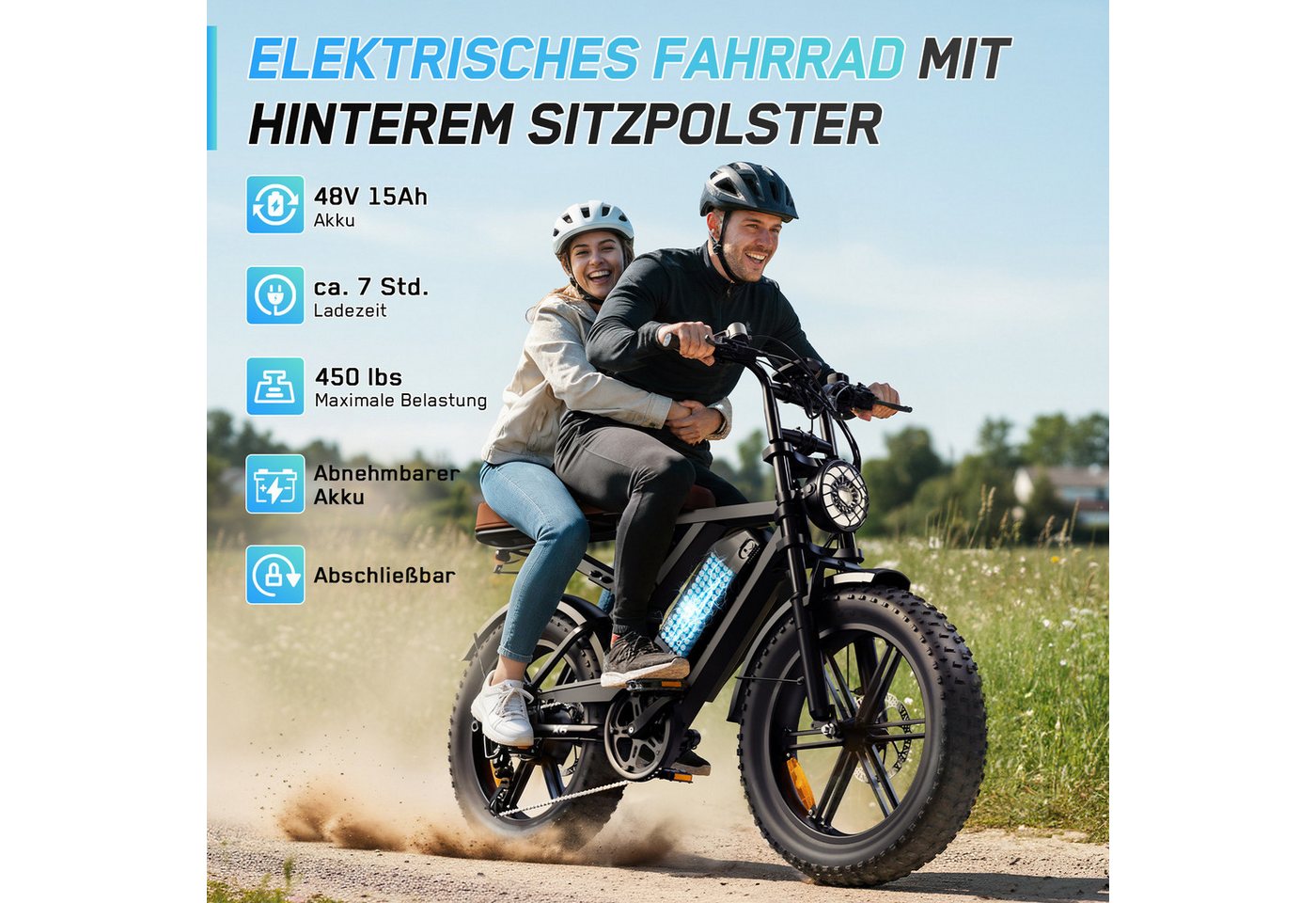 SISIGAD E-Bike Mountainbike 20'' fatbike – 48V 15Ah Akku, 60 km Reichweite und Vollfederung, Shimano, 720 Wh, Fat Tire Elektrofahrrad – 7-Gang Schaltung, hoher Tragkraft 204kg,APP Bild 5
