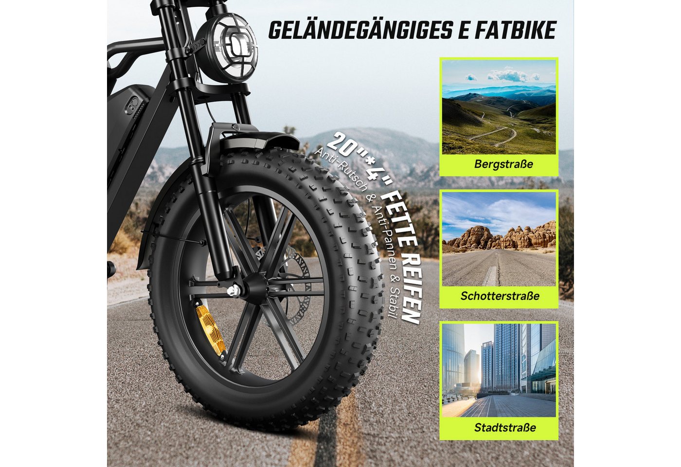 SISIGAD E-Bike Mountainbike 20'' Fat Tire48V 25Ah, Leistung und 130 km Reichweite(PAS), fatbike, Heckmotor, 1200 Wh, 7-Gang Schaltung, Vollfederung und hoher Tragkraft 204kg, LED und APP Bild 4