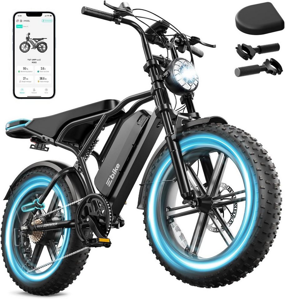 SISIGAD E-Bike Mountainbike 20'' Fat Tire48V 25Ah, Leistung und 130 km Reichweite(PAS), fatbike, Heckmotor, 1200 Wh, 7-Gang Schaltung, Vollfederung und hoher Tragkraft 204kg, LED und APP Bild 5