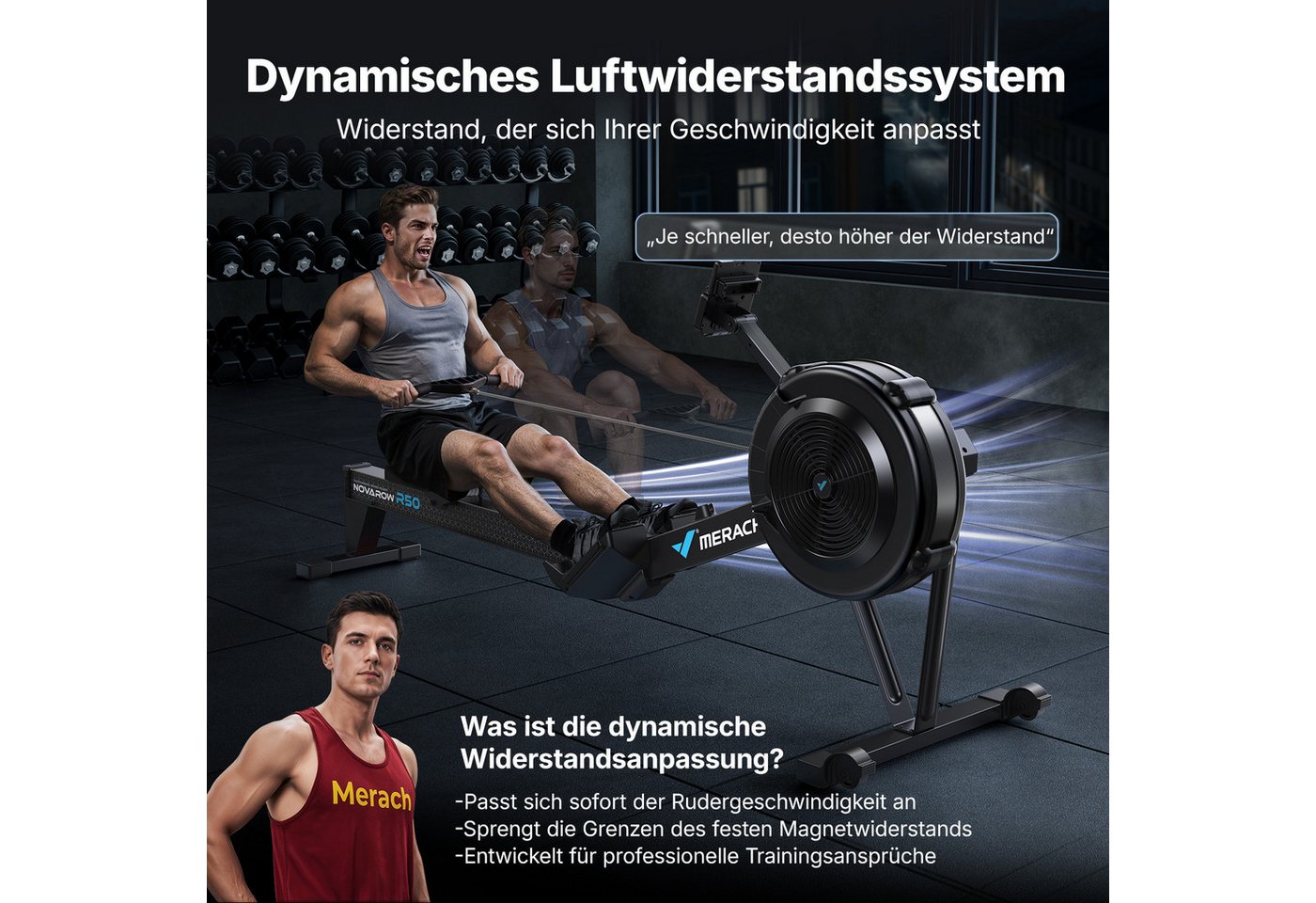 MERACH Rudergerät mit Profi-Luftwiderstand & hinten beleuchtetem LCD-Display (Profi-Heimtrainer für zu Hause mit 10 Stufen & App-Anbindung, 1-tlg., Inkl. LCD-Trainingscomputer, Tablet-Halterung & Montageset), Klappbar, Intervallmodus, 20 lokale Datenspeicher, bis 160 kg Bild 3