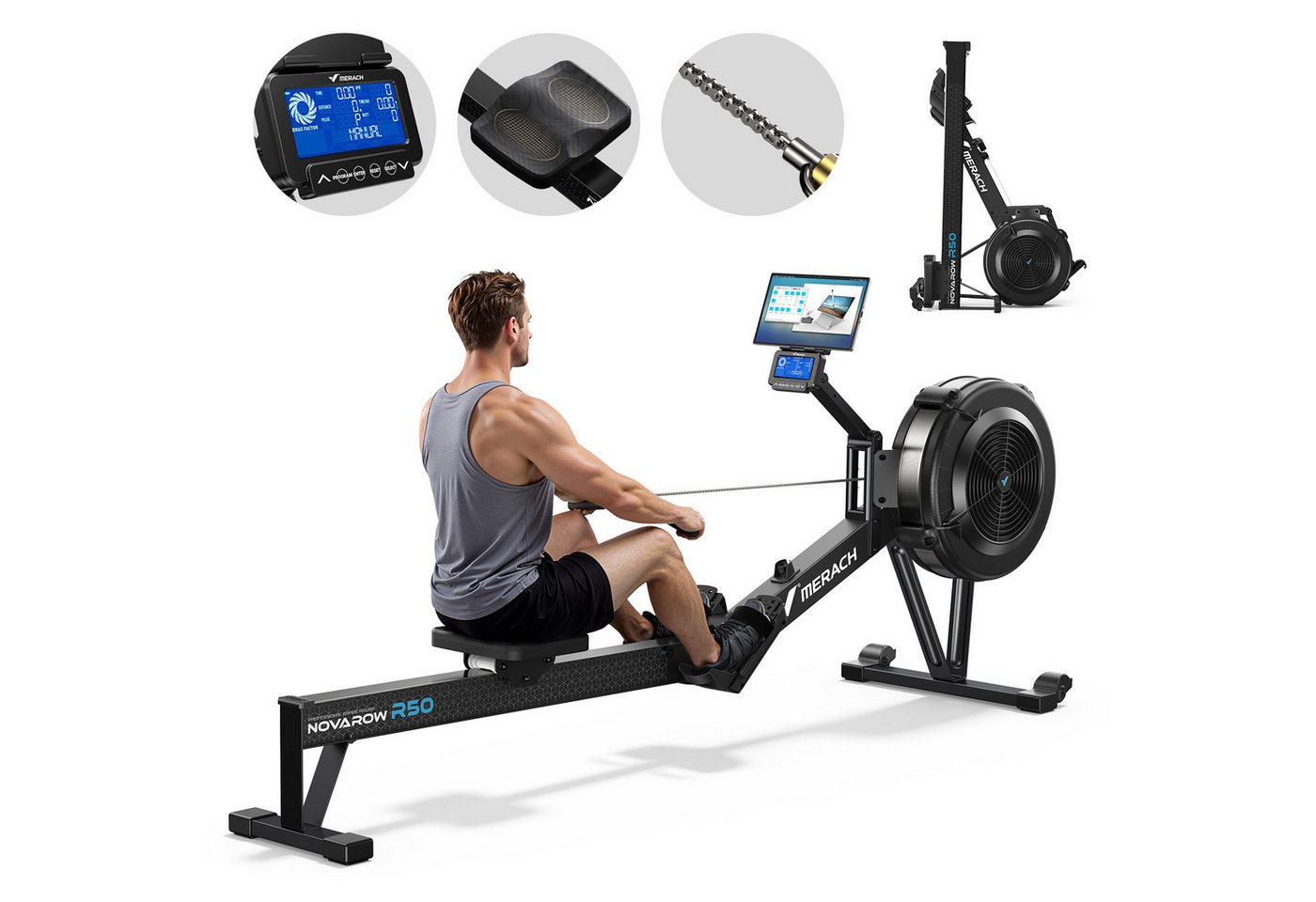 MERACH Rudergerät mit Profi-Luftwiderstand & hinten beleuchtetem LCD-Display (Profi-Heimtrainer für zu Hause mit 10 Stufen & App-Anbindung, 1-tlg., Inkl. LCD-Trainingscomputer, Tablet-Halterung & Montageset), Klappbar, Intervallmodus, 20 lokale Datenspeicher, bis 160 kg Bild 5