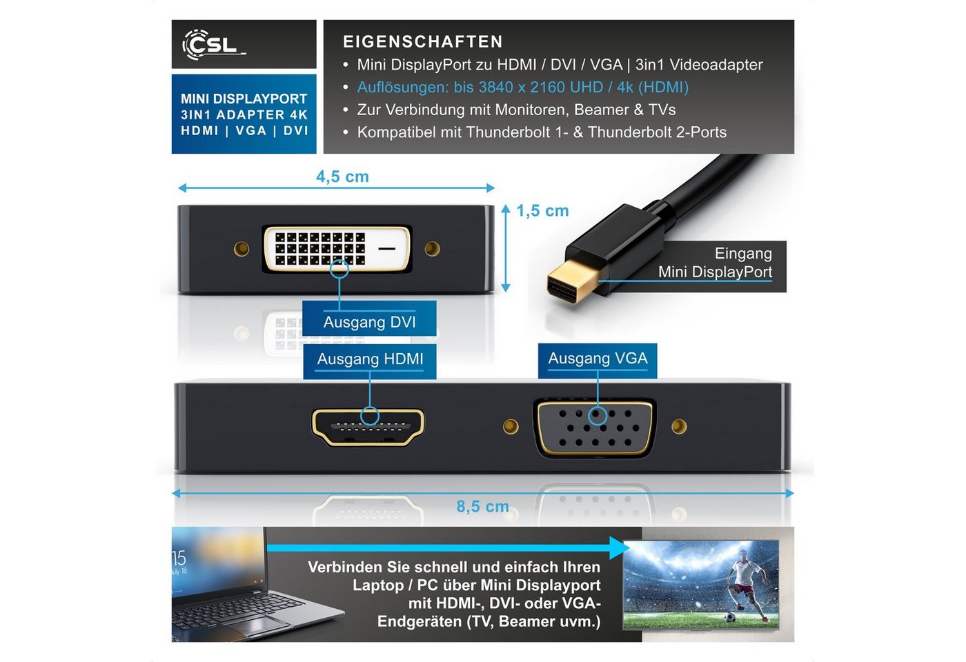 CSL 4k 3in1 Displayport 1.2 Adapter, Konverter Kabel 3840x2160 UHD 2160p Audio- & Video-Adapter Mini DisplayPort zu HDMI, DVI, VGA, 15 cm, Mini DP kompatibel mit PC MAC, Video und Audio-Übertragung
