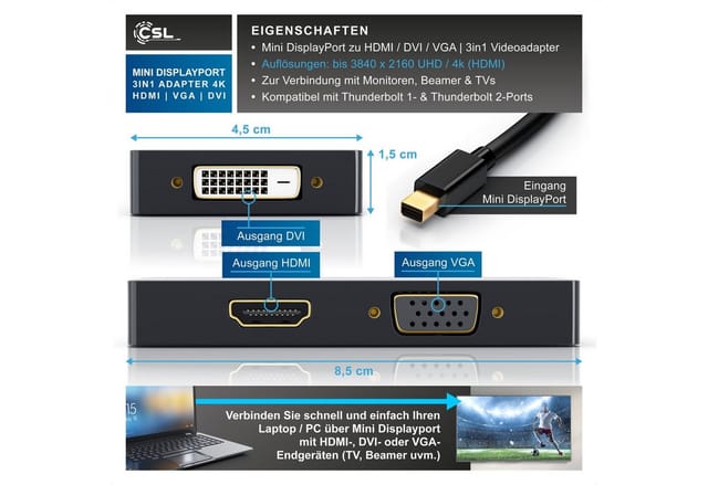 CSL 4k 3in1 Displayport 1.2 Adapter, Konverter Kabel 3840x2160 UHD 2160p Audio- & Video-Adapter Mini DisplayPort zu HDMI, DVI, VGA, 15 cm, Mini DP kompatibel mit PC MAC, Video und Audio-Übertragung