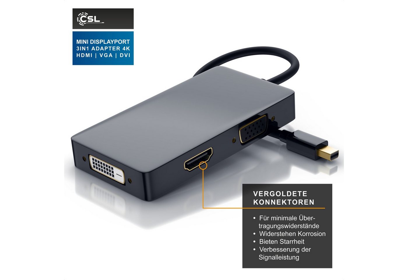 CSL 4k 3in1 Displayport 1.2 Adapter, Konverter Kabel 3840x2160 UHD 2160p Audio- & Video-Adapter Mini DisplayPort zu HDMI, DVI, VGA, 15 cm, Mini DP kompatibel mit PC MAC, Video und Audio-Übertragung Bild 2