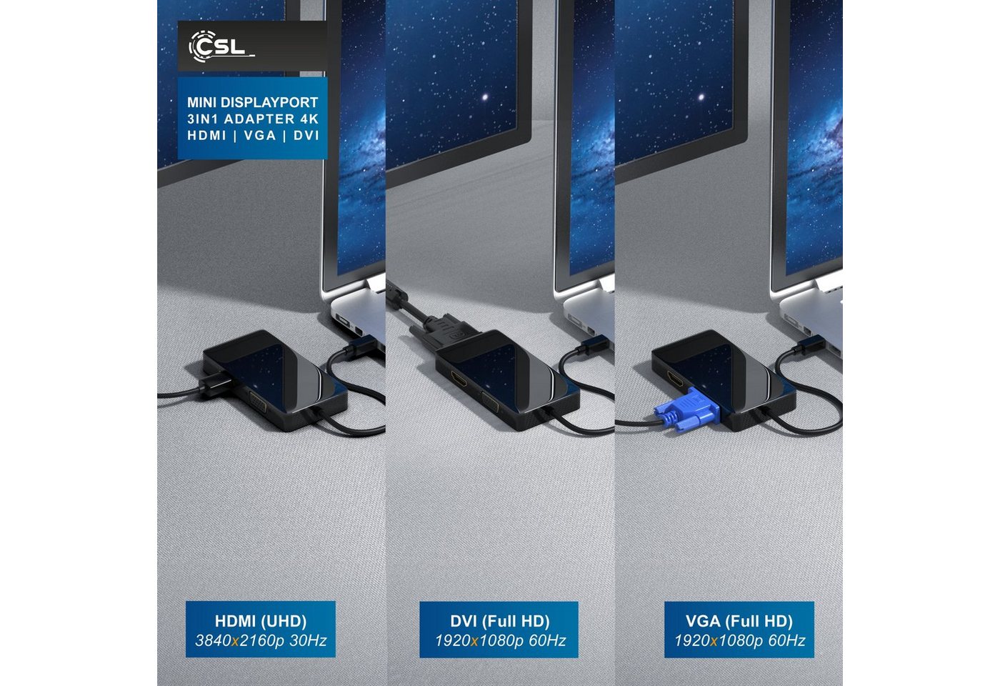 CSL 4k 3in1 Displayport 1.2 Adapter, Konverter Kabel 3840x2160 UHD 2160p Audio- & Video-Adapter Mini DisplayPort zu HDMI, DVI, VGA, 15 cm, Mini DP kompatibel mit PC MAC, Video und Audio-Übertragung Bild 3