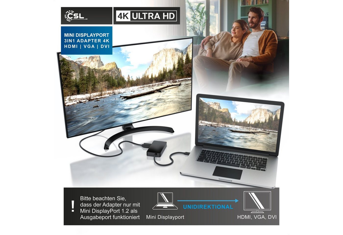 CSL 4k 3in1 Displayport 1.2 Adapter, Konverter Kabel 3840x2160 UHD 2160p Audio- & Video-Adapter Mini DisplayPort zu HDMI, DVI, VGA, 15 cm, Mini DP kompatibel mit PC MAC, Video und Audio-Übertragung Bild 4