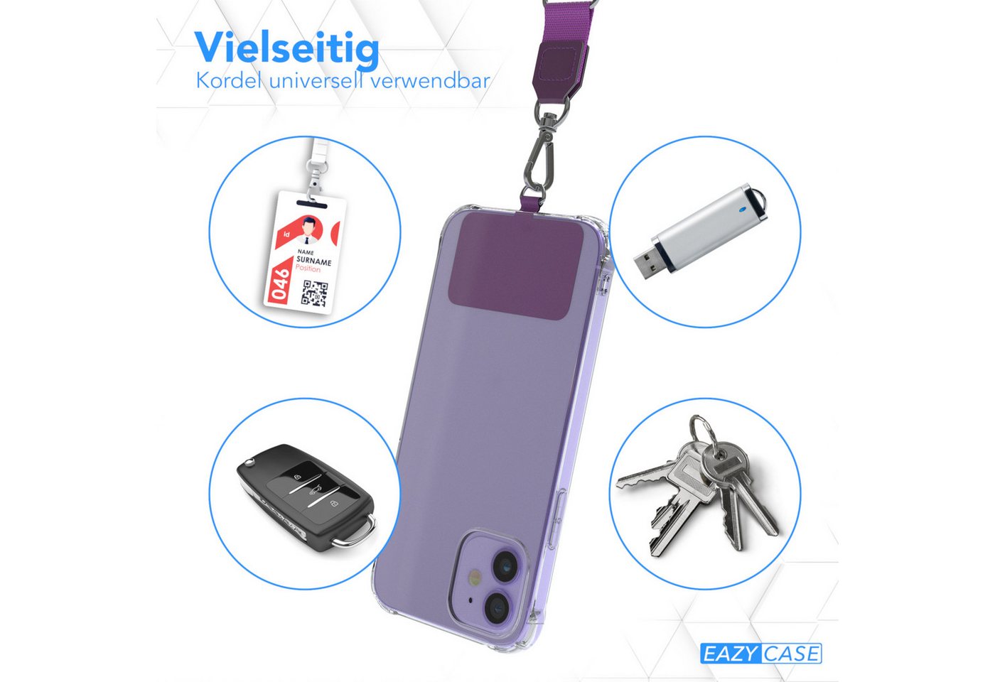 EAZY CASE Handykette Universal Handykette mit Breitband, Umhängetasche Bag kombinierbare Handyhülle abnehmbares Band Violett Bild 4