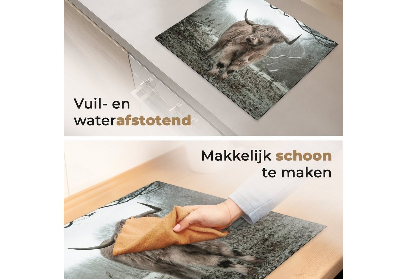 MuchoWow Herd-Abdeckplatte Schottischer Highlander - Wald - Nebel - Kuh - Tiere - Natur, Vinyl, (1 tlg), Abdeckung Induktionskochfeld Schutzmatte, Küche Deko, 65x52 cm Bild 2