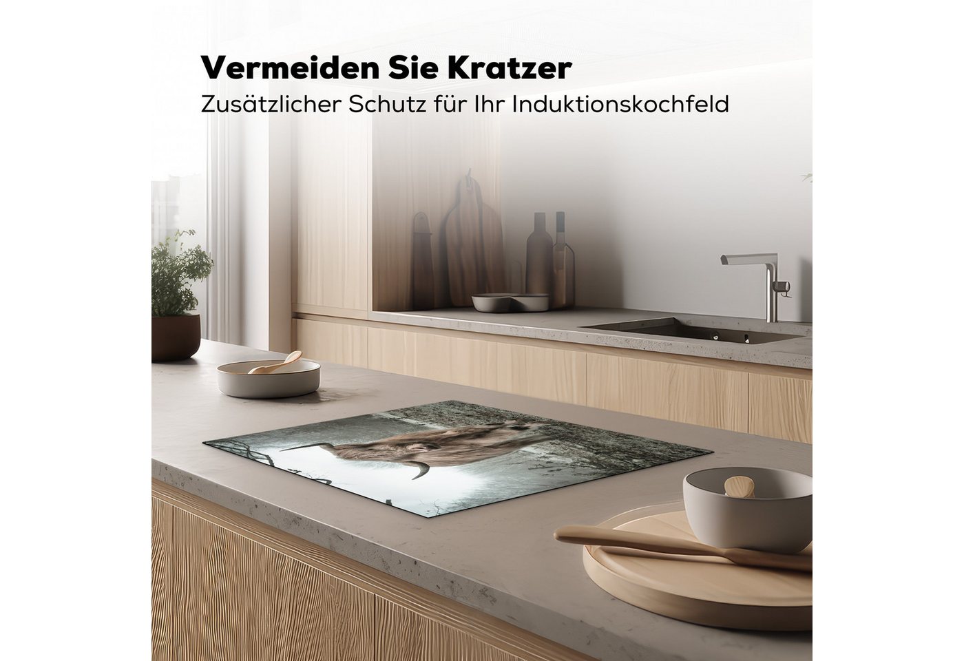 MuchoWow Herd-Abdeckplatte Schottischer Highlander - Wald - Nebel - Kuh - Tiere - Natur, Vinyl, (1 tlg), Abdeckung Induktionskochfeld Schutzmatte, Küche Deko, 65x52 cm Bild 4