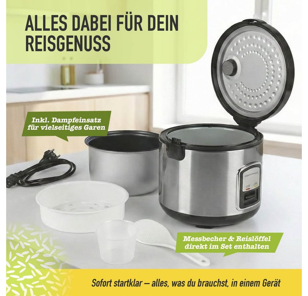 GOURMETmaxx Reiskocher mit Gartopf, 400 W, mit praktischer Dampfgarfunktion inkl. Dampfkorb/Reislöffel/Messbecher