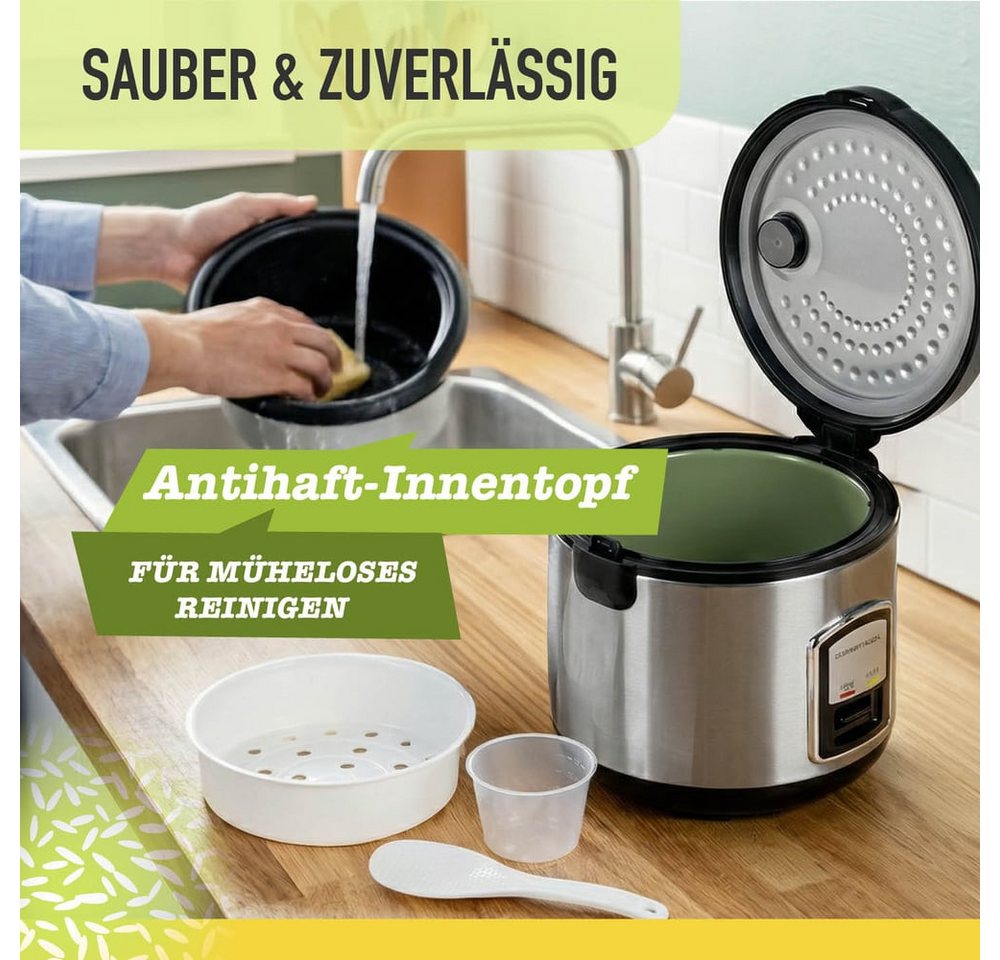 GOURMETmaxx Reiskocher mit Gartopf, 400 W, mit praktischer Dampfgarfunktion inkl. Dampfkorb/Reislöffel/Messbecher Bild 2