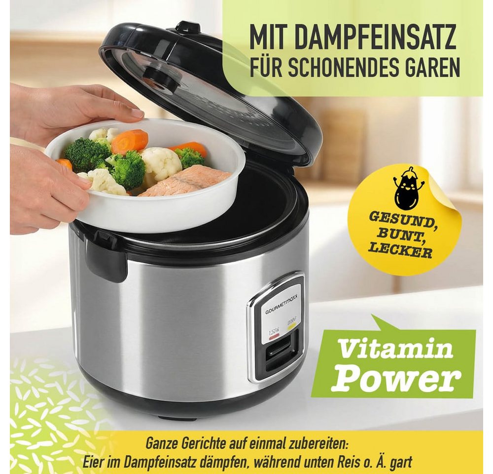 GOURMETmaxx Reiskocher mit Gartopf, 400 W, mit praktischer Dampfgarfunktion inkl. Dampfkorb/Reislöffel/Messbecher Bild 4