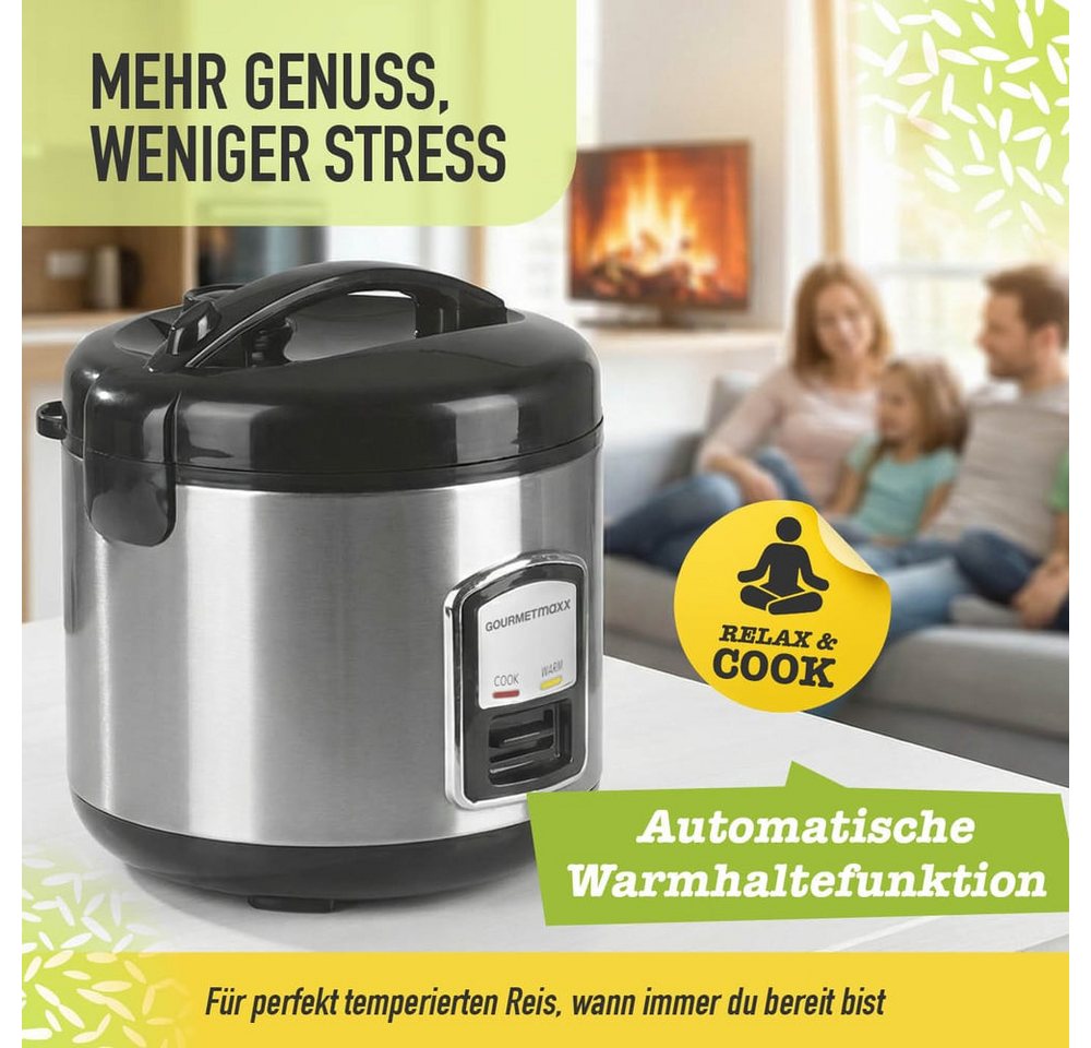 GOURMETmaxx Reiskocher mit Gartopf, 400 W, mit praktischer Dampfgarfunktion inkl. Dampfkorb/Reislöffel/Messbecher Bild 5