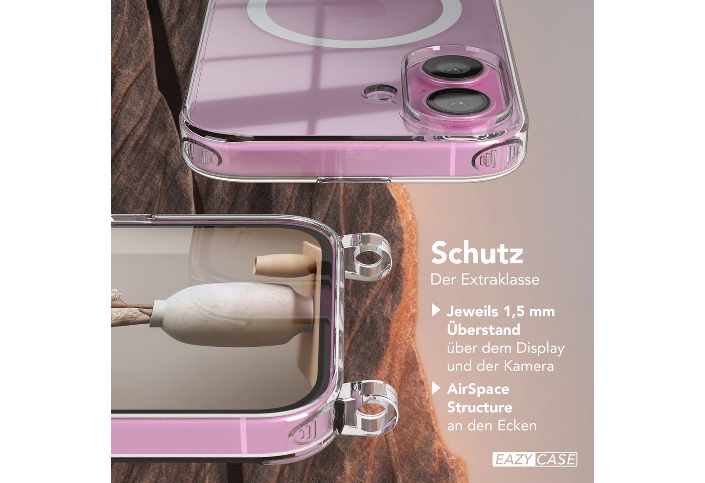 EAZY CASE Handykette mit Magsafe Hülle für Apple iPhone 16 6,1 Zoll, Slimcover Festival Hülle Band Handyketten induktive Umhängehülle Pink Bild 2
