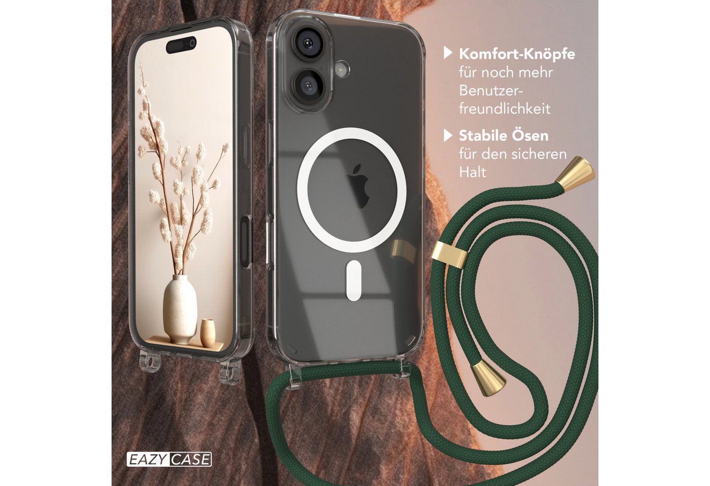 EAZY CASE Handykette mit Magsafe Hülle für Apple iPhone 16 6,1 Zoll, Handykette zum Umhängen Ladehülle mit Kordel Rundes Band Grün Gold