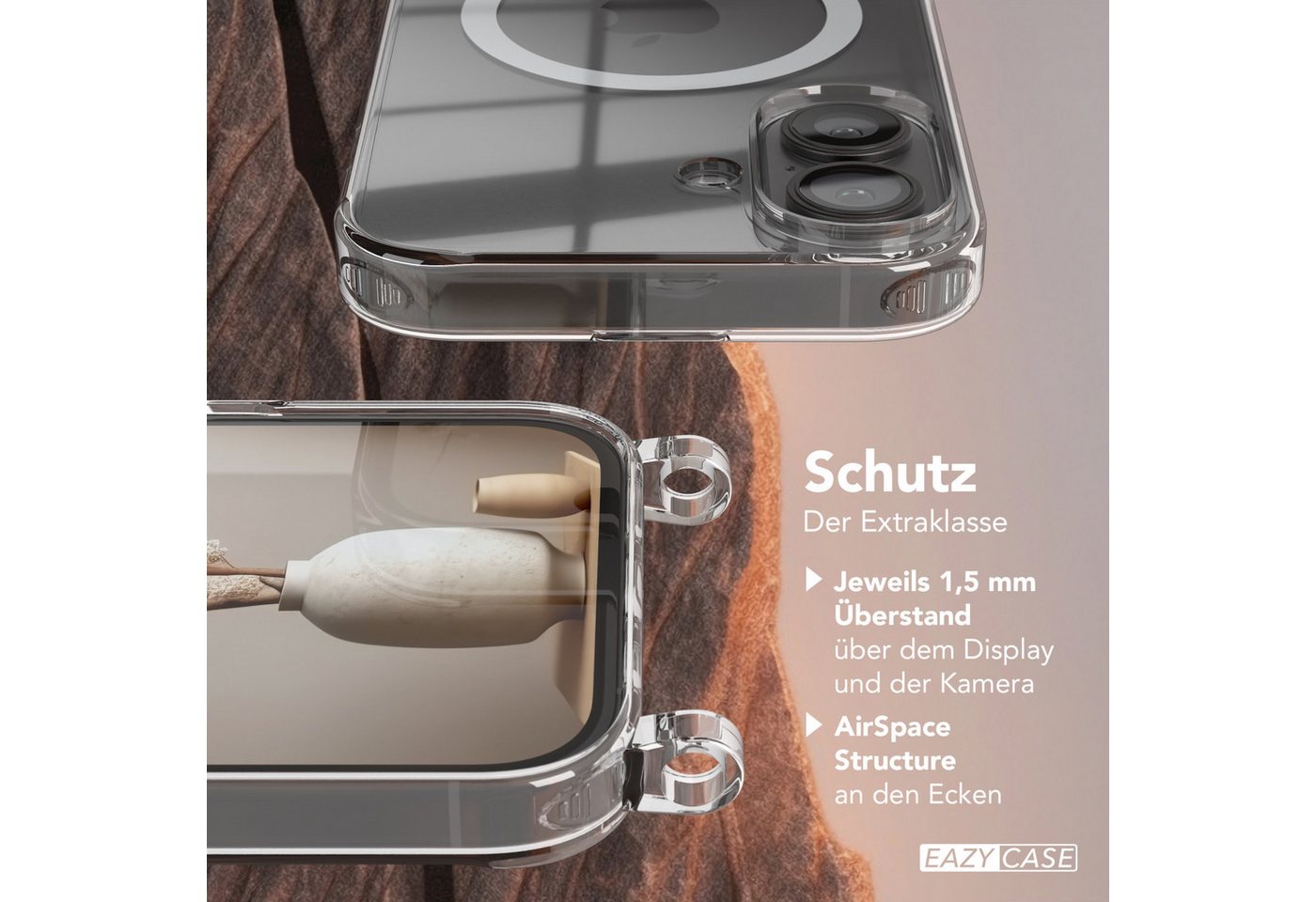 EAZY CASE Handykette mit Magsafe Hülle für Apple iPhone 16 6,1 Zoll, Handykette zum Umhängen Ladehülle mit Kordel Rundes Band Grün Gold Bild 5