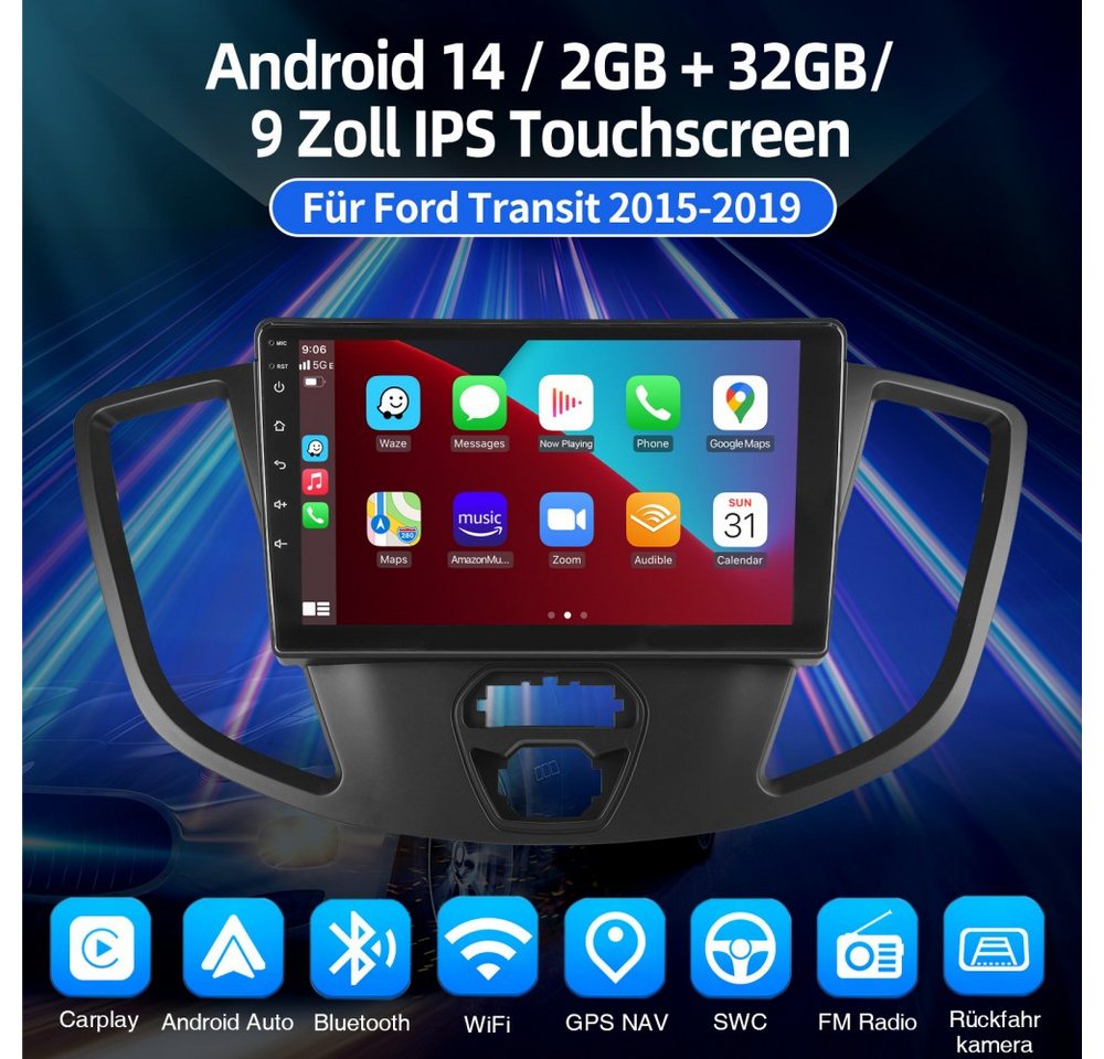 ESSGOO DAB+ Android15 Carplay WIFI Navi Für Ford Transit Tourneo Custom 2DIN Autoradio (RDS, 4+64GB(optional), FM, DAB+ (optional), SWC, GPS Navi Android Auto Bluetooth EQ USB WIFI IPS Touchscreen) Bild 4