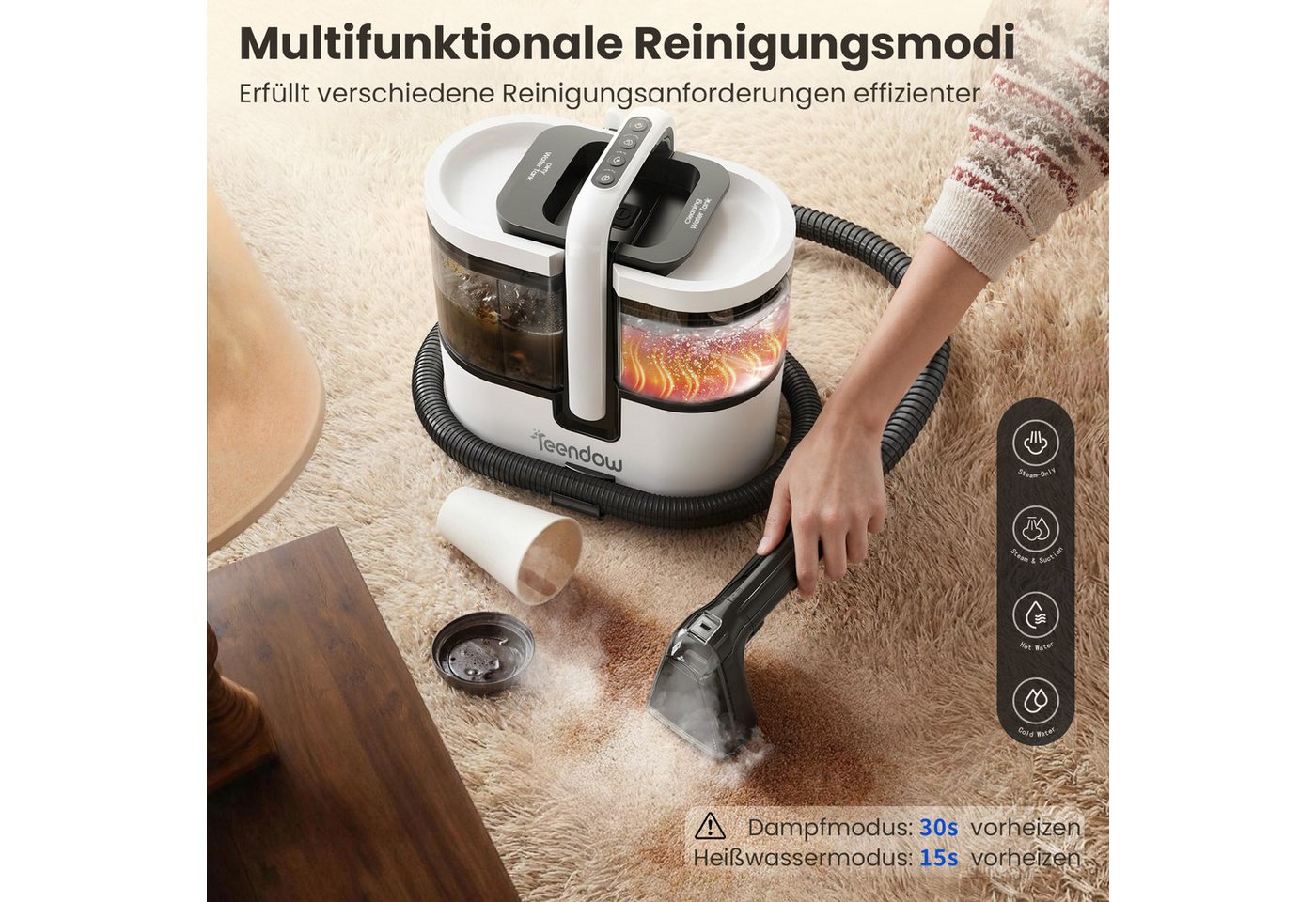 Teendow Wasch-Sauger C7MAX Waschsauger mit Dampf Polsterreiniger Teppichreiniger, 1800 W, Wassertank, Dampf >100°C, 30 Sek. Aufheizung, 18 kPa, 1,6L+1,5L Tanks