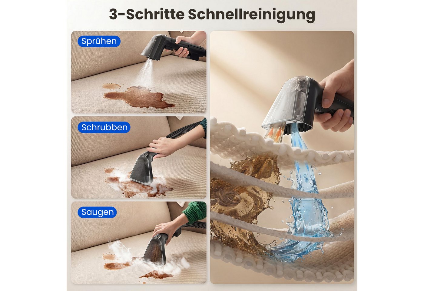 Teendow Wasch-Sauger C7MAX Waschsauger mit Dampf Polsterreiniger Teppichreiniger, 1800 W, Wassertank, Dampf >100°C, 30 Sek. Aufheizung, 18 kPa, 1,6L+1,5L Tanks Bild 2