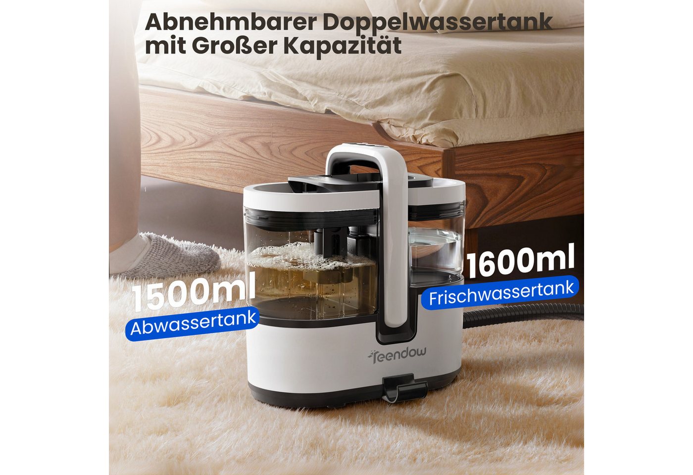 Teendow Wasch-Sauger C7MAX Waschsauger mit Dampf Polsterreiniger Teppichreiniger, 1800 W, Wassertank, Dampf >100°C, 30 Sek. Aufheizung, 18 kPa, 1,6L+1,5L Tanks Bild 4