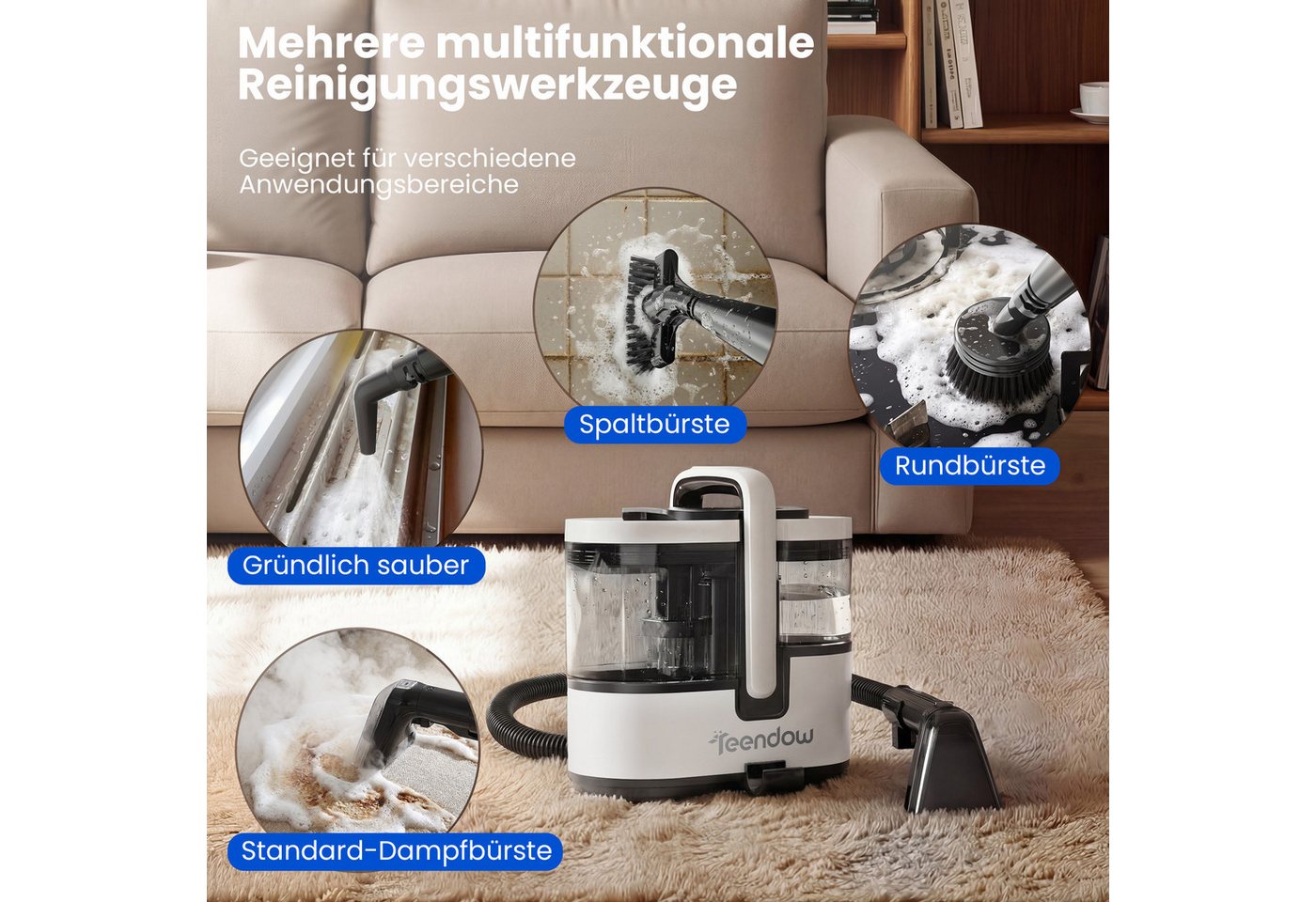 Teendow Wasch-Sauger C7MAX Waschsauger mit Dampf Polsterreiniger Teppichreiniger, 1800 W, Wassertank, Dampf >100°C, 30 Sek. Aufheizung, 18 kPa, 1,6L+1,5L Tanks Bild 5