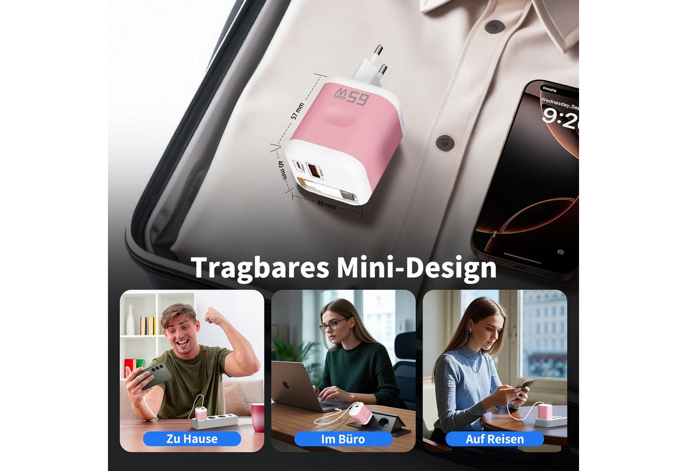 SWGOTA 2026 Neues 65W GaN 3-Port USB C Ladegerät mit Einziehbarem Kabel USB-Ladegerät (65W Schnellladegerät, 3-in-1 USB Netzteil, PD 3.0 Power Adapter, Unterstützt Super Fast Charging bei Einzelportnutzung) Bild 2