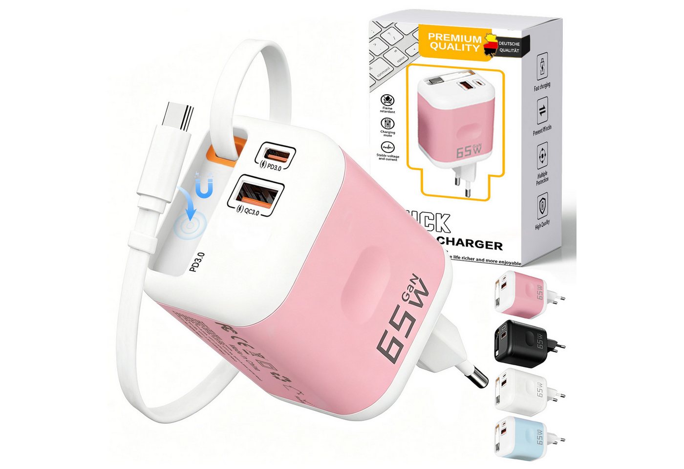 SWGOTA 2026 Neues 65W GaN 3-Port USB C Ladegerät mit Einziehbarem Kabel USB-Ladegerät (65W Schnellladegerät, 3-in-1 USB Netzteil, PD 3.0 Power Adapter, Unterstützt Super Fast Charging bei Einzelportnutzung) Bild 3