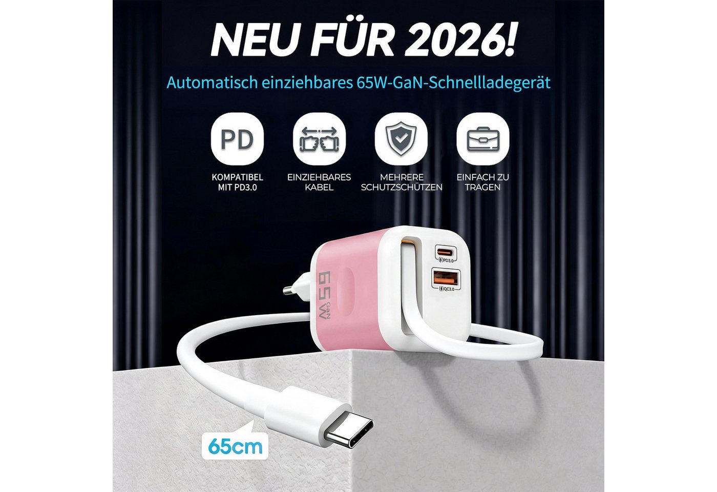 SWGOTA 2026 Neues 65W GaN 3-Port USB C Ladegerät mit Einziehbarem Kabel USB-Ladegerät (65W Schnellladegerät, 3-in-1 USB Netzteil, PD 3.0 Power Adapter, Unterstützt Super Fast Charging bei Einzelportnutzung) Bild 4